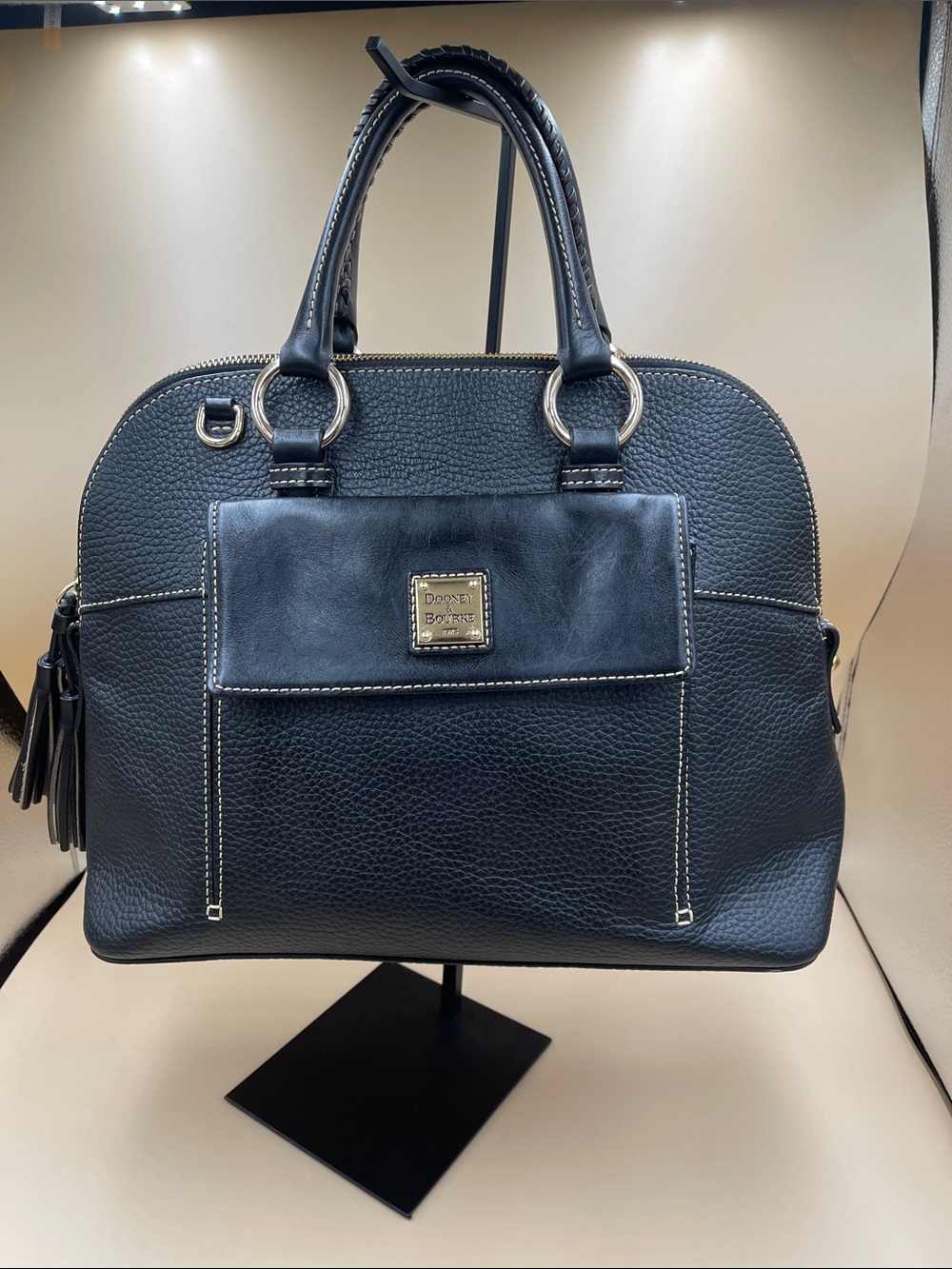 Dooney & Bourke Black Pebbled Leather Dome Satchel with Front Magnetic Clip